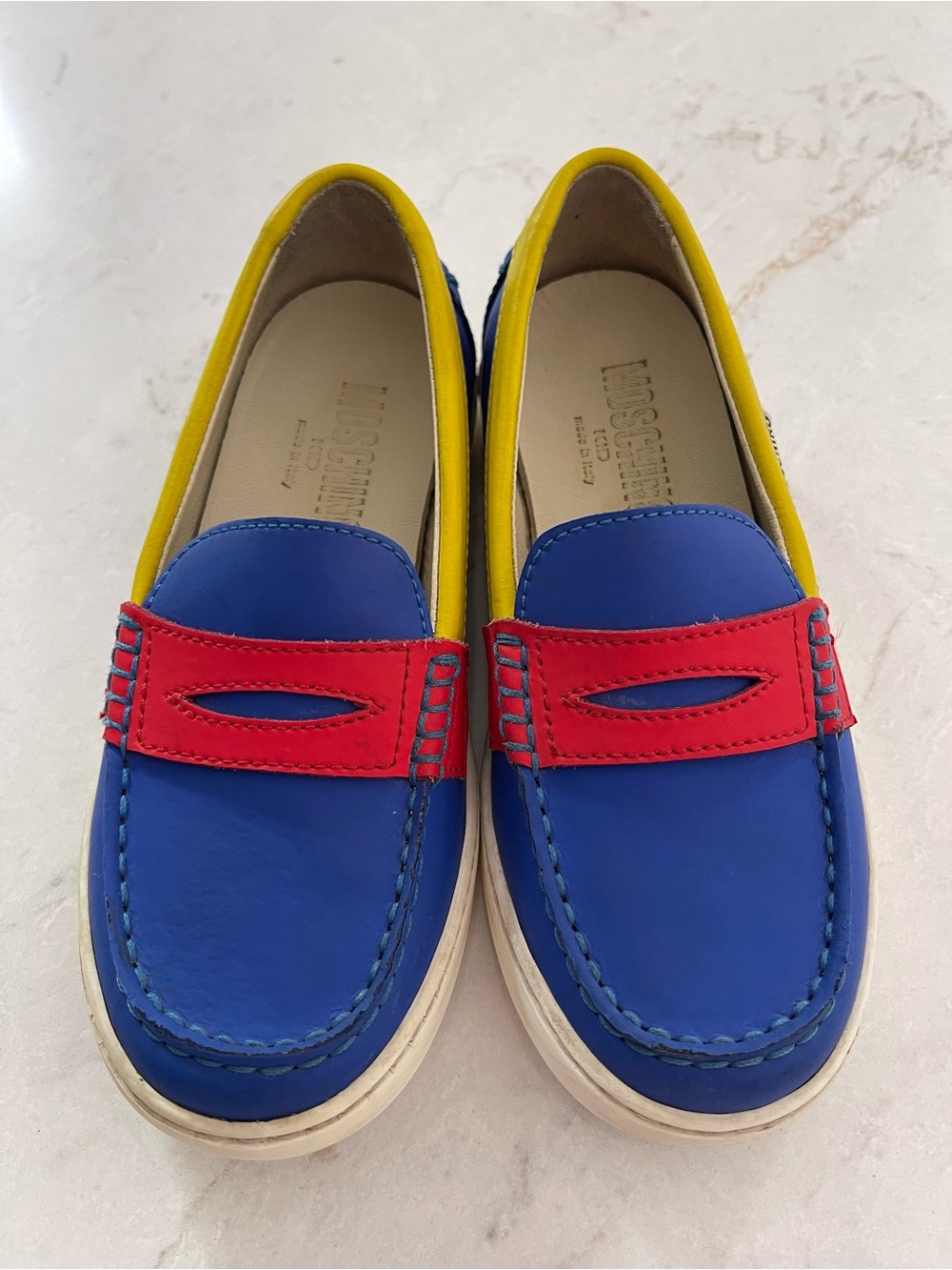 MOSCHINO KIDS Blue, Red & Yellow Leather Penny Loafers - EUC - EU29/US11.5 KIDS